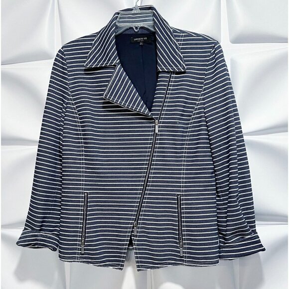 Lafayette 148 Sz 12 Blue Striped Moto Blazer Jacket l Full Zip Up Womens - Picture 2 of 12